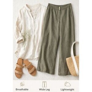 J.Jill Linen Pants Womens 16 Olive Green Wide Leg Lightweight Casual Summer